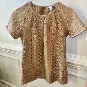 Banana Republic Taupe Crochet Overlay Lined Short Sleeve Blouse.